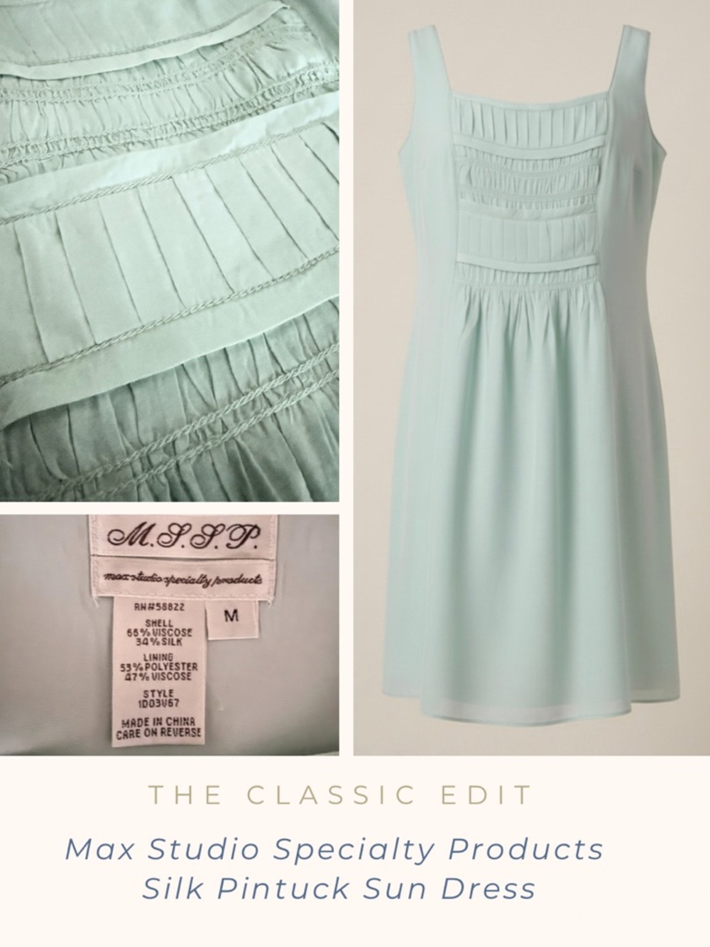 MSSP Max Studio | Silk Mint Green Sundress | Pin Tuck Bodice | Sleeveless
